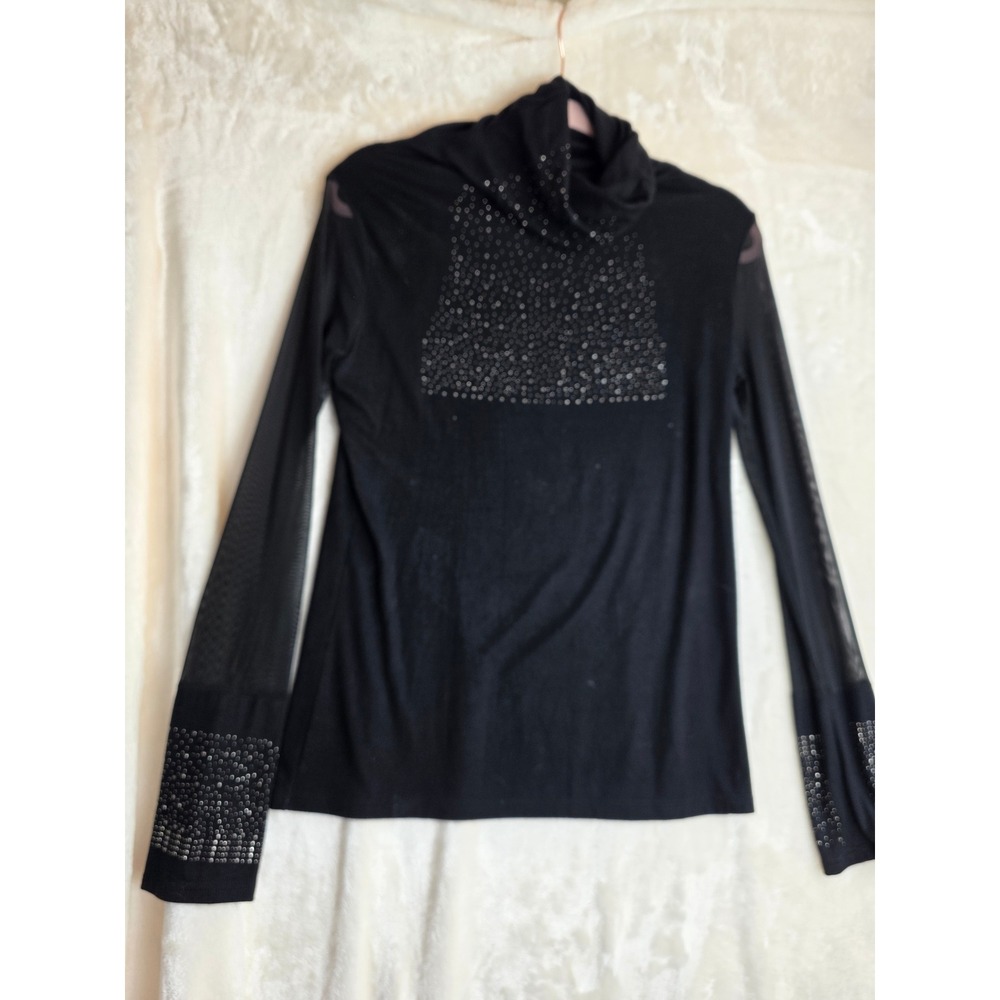Black Mesh Turtleneck Long‎ Sleeve Beaded Sequin Top Blouse Shirt